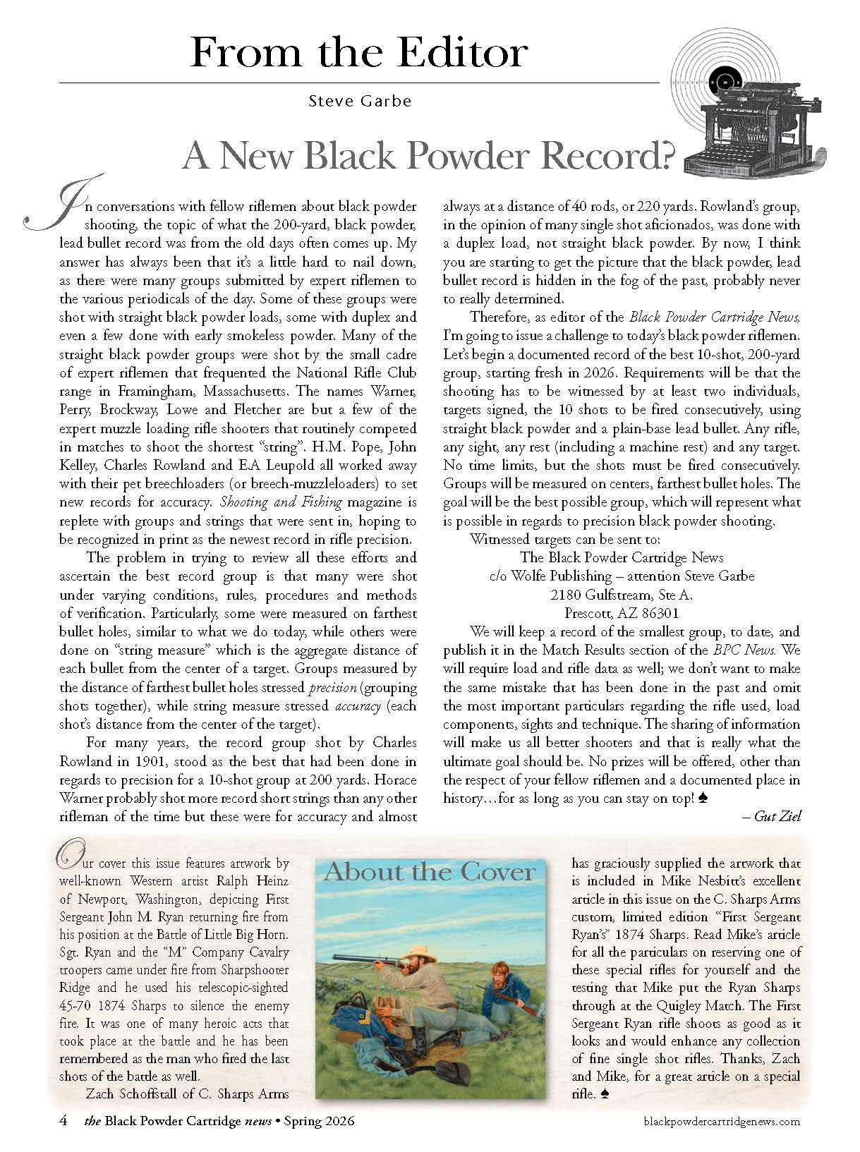 Black Powder Cartridge News - Spring 2026: First Sergeant Ryan’s Rifle, Tin Oxide Scale on Cast Bullets, Securing Buffalo Meat For Winter, .22 Rimfire Accuracy Guide, Reloading Hacks & More!