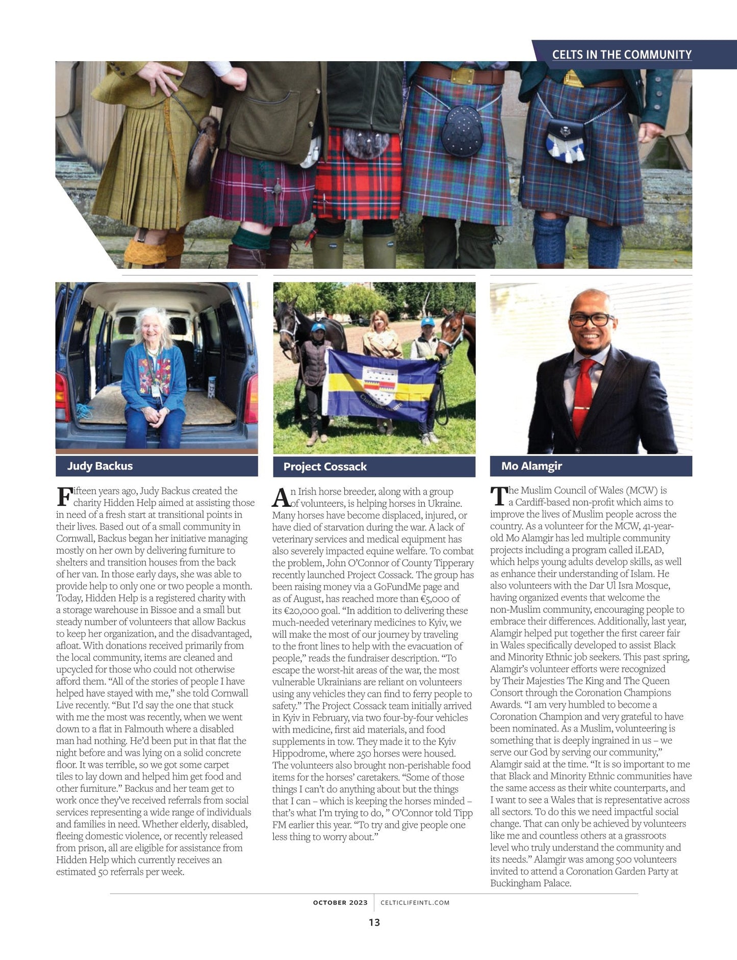 Celtic Life International October 2023 - Crafting Celtic Jewelry: The High Kings, Gary Maclean Fall Fashion, Emma Donoghue Hector 250, The Bodhran, Apollo Save Greece & Donna Morrissey New Book!