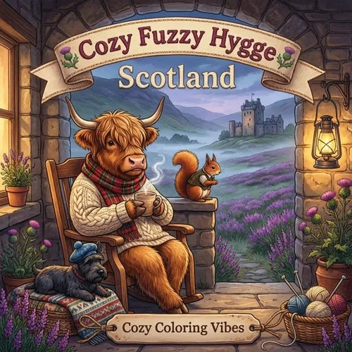 Cozy Fuzzy Hygge Scotland: Easy Bold Line Design Adorable Animal Coloring Book for Adults Rustic Highland Travel Retreats, Countryside, Misty Mountain