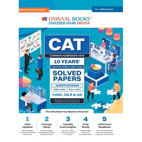 Oswaal CAT 10 YEARS Chapter-wise & Topic-wise Solved Papers (VARC, DILR & QA) (2006 - 2008 & 2017-2023) for 2024 Exam